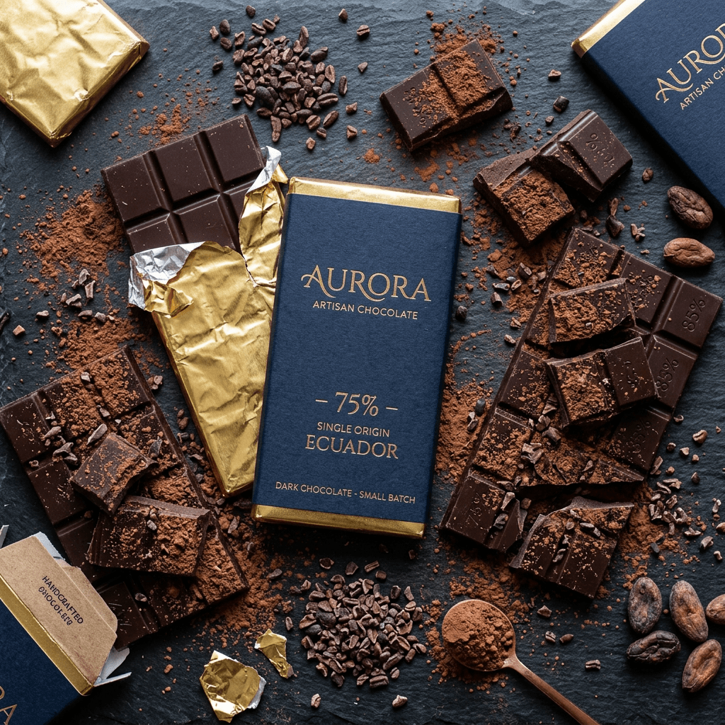Dark chocolate bars with cocoa powder and gold foil on slate
